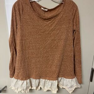 Entro Brown and White Ruffled Long Sleeve Blouse